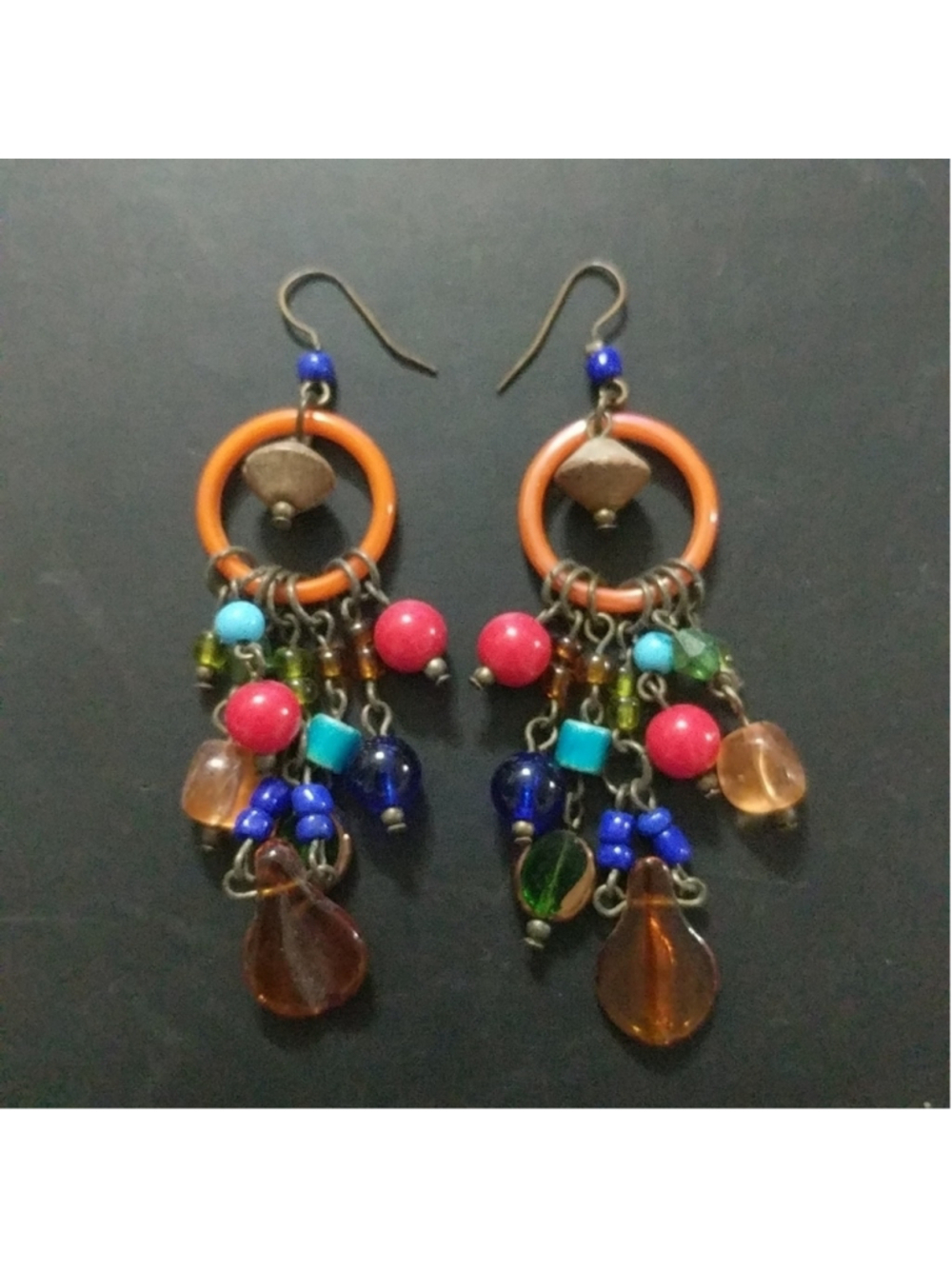 Brass Tone Orange Hoop Multi Color Beaded Dangle Statement Earrings